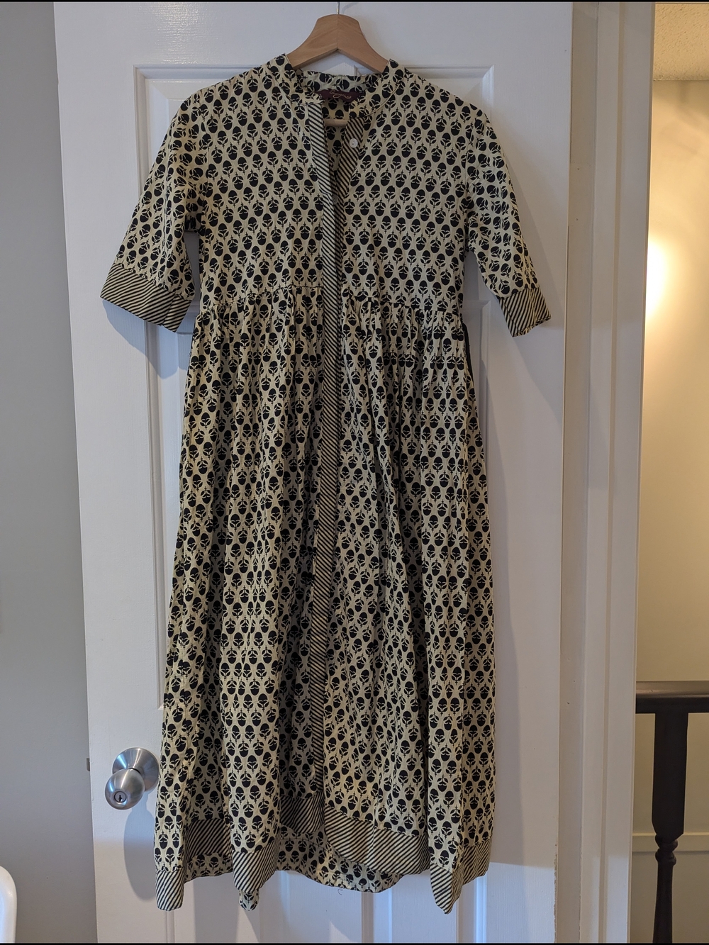 Sangria Black & Cream Floral Print Midi Maxi Cotton Kurti Dress Duster Boho XS/S